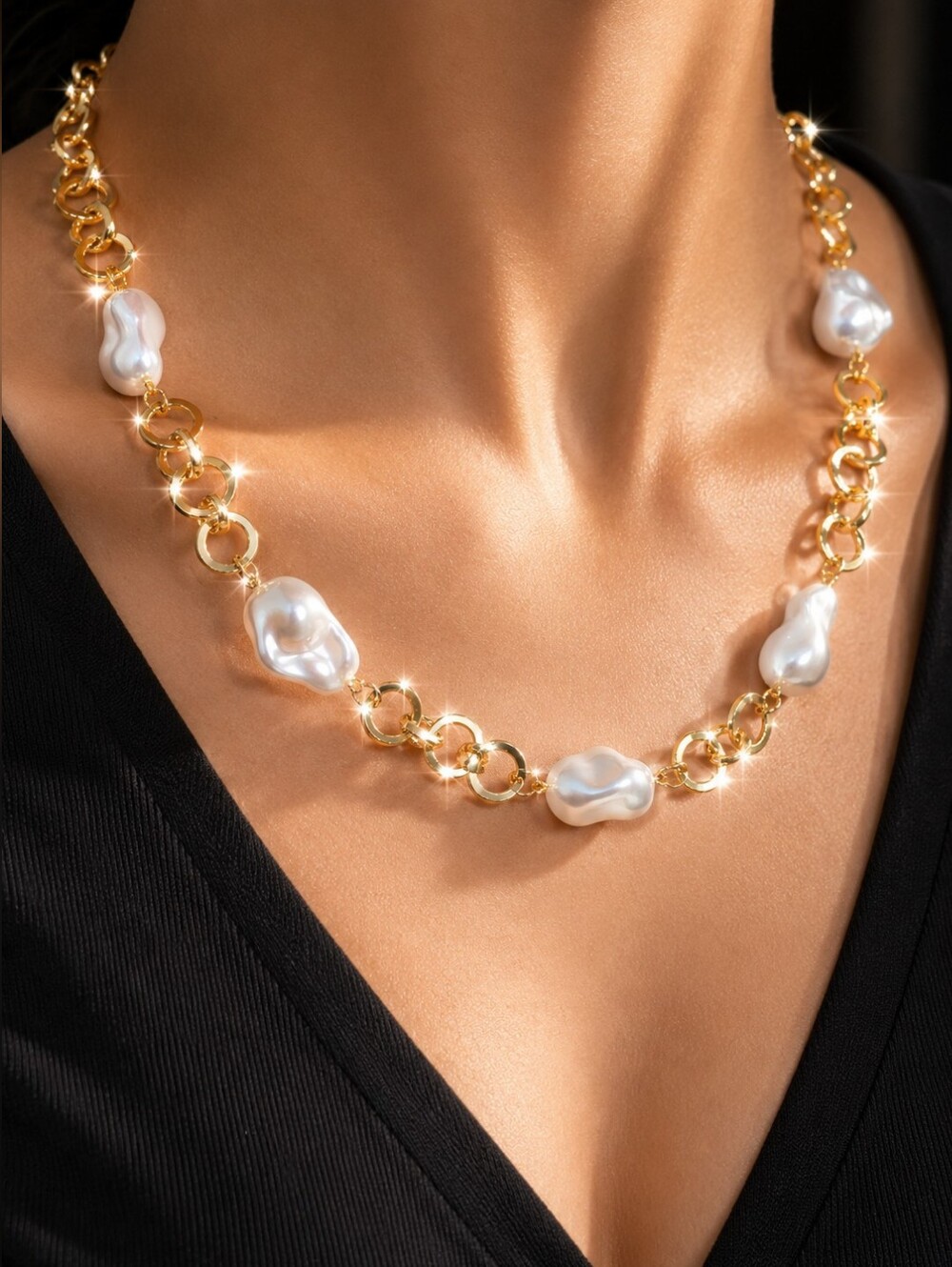 Designer-Inspired Statement Necklace Stainless Steel Gold Tone  Baroque Pearl